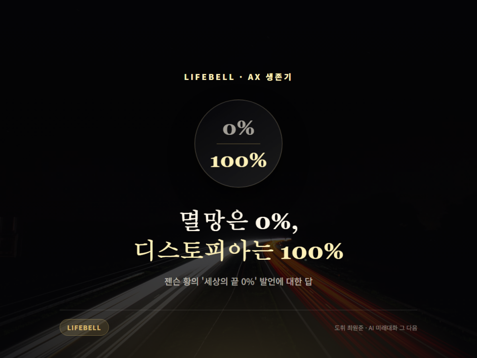 LIFEBELL · AX 생존기 — 멸망은 0%, 디스토피아는 100%. 젠슨 황의 '세상의 끝 0%' 발언에 대한 답